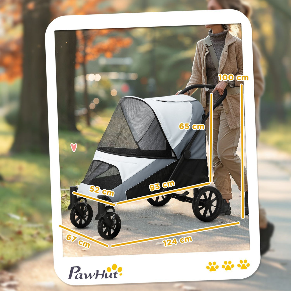 Dog stroller dog buggy foldable for large dogs & cats up to 30 kg cat buggy with cushions mesh windows doors storage bag cat stroller with safety lines, brakes, buggy gray