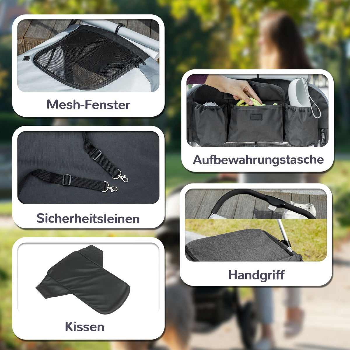 Dog stroller dog buggy foldable for large dogs & cats up to 30 kg cat buggy with cushions mesh windows doors storage bag cat stroller with safety lines, brakes, buggy gray