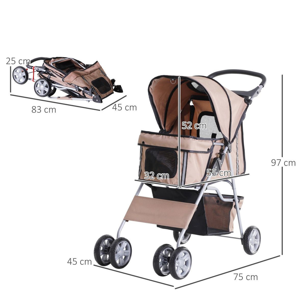 Dog stroller dog buggy in coffee brown, lightweight pet stroller jogger trailer, foldable & practical