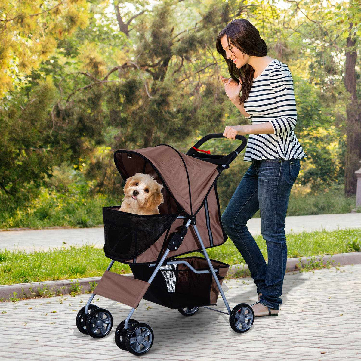 Dog stroller dog buggy in coffee brown, lightweight pet stroller jogger trailer, foldable & practical