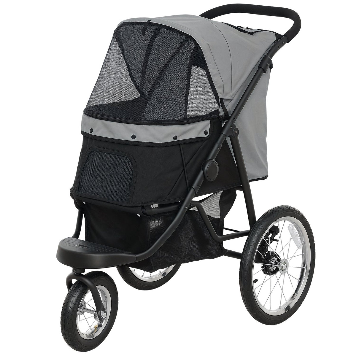 Dog stroller jogger dog buggy foldable for small dogs & cats up to 10 kg cat buggy with 3 large rubber wheels, cushion mesh windows storage basket cat stroller with safety lines, gray |