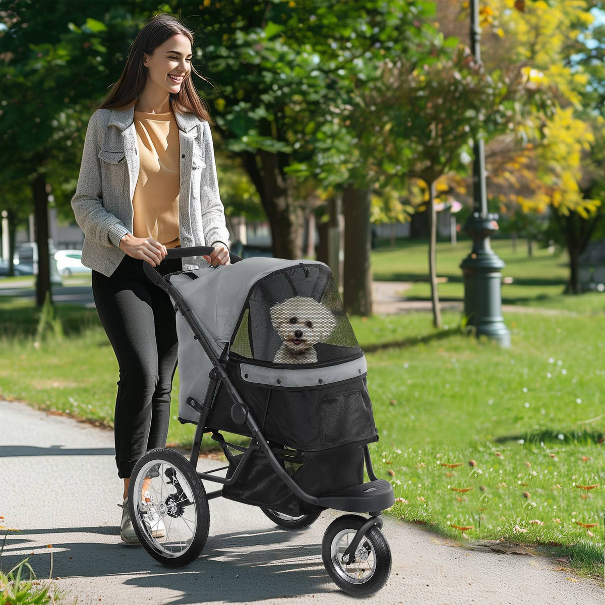 Dog stroller jogger dog buggy foldable for small dogs & cats up to 10 kg cat buggy with 3 large rubber wheels, cushion mesh windows storage basket cat stroller with safety lines, gray |