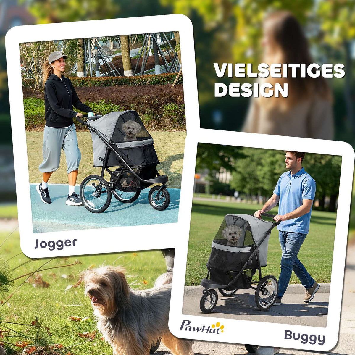 Dog stroller jogger dog buggy foldable for small dogs & cats up to 10 kg cat buggy with 3 large rubber wheels, cushion mesh windows storage basket cat stroller with safety lines, gray |