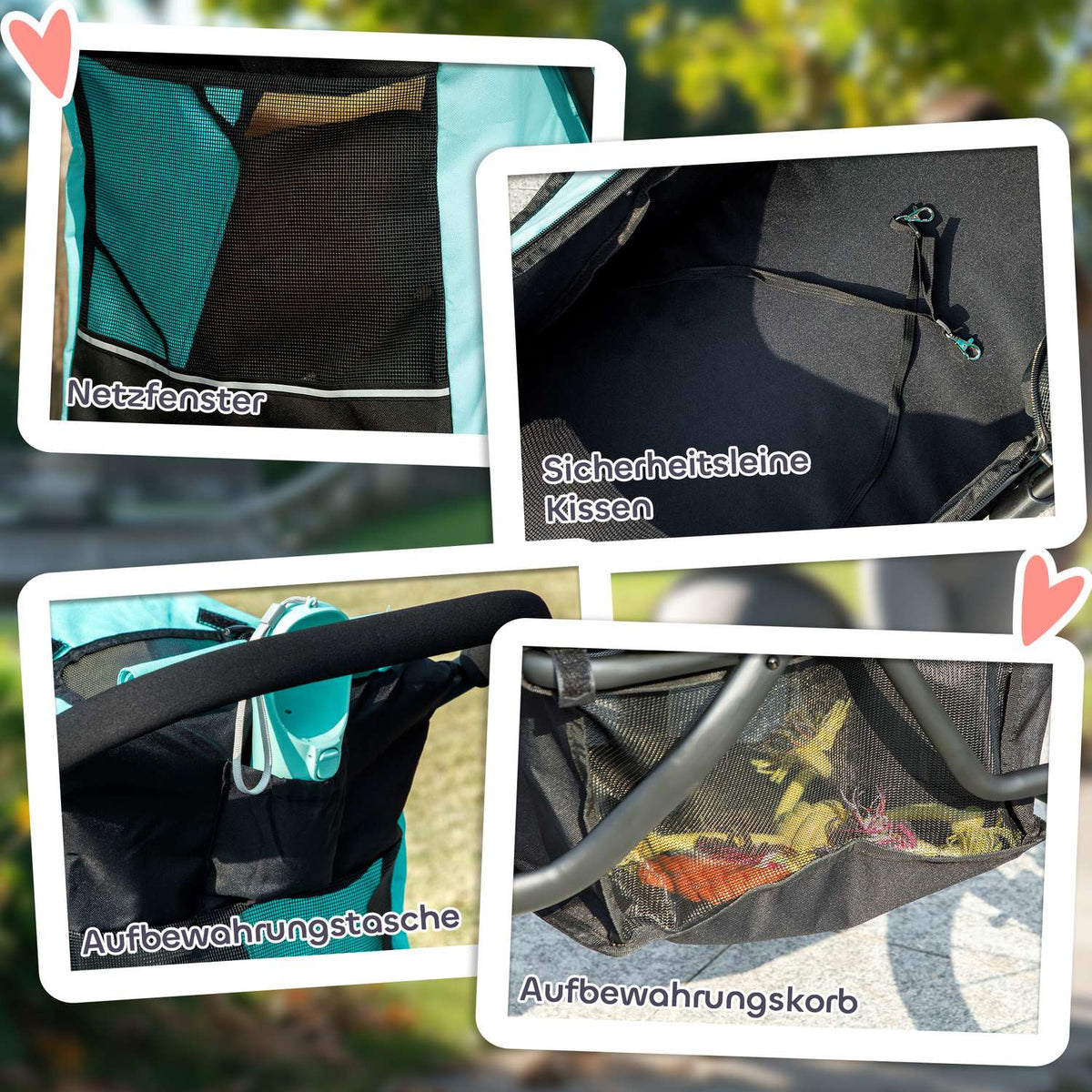 Dog stroller jogger dog buggy foldable for small dogs & cats up to 10 kg cat buggy with 3 large rubber wheels, cushion mesh windows storage basket cat stroller with safety lines, turquoise |