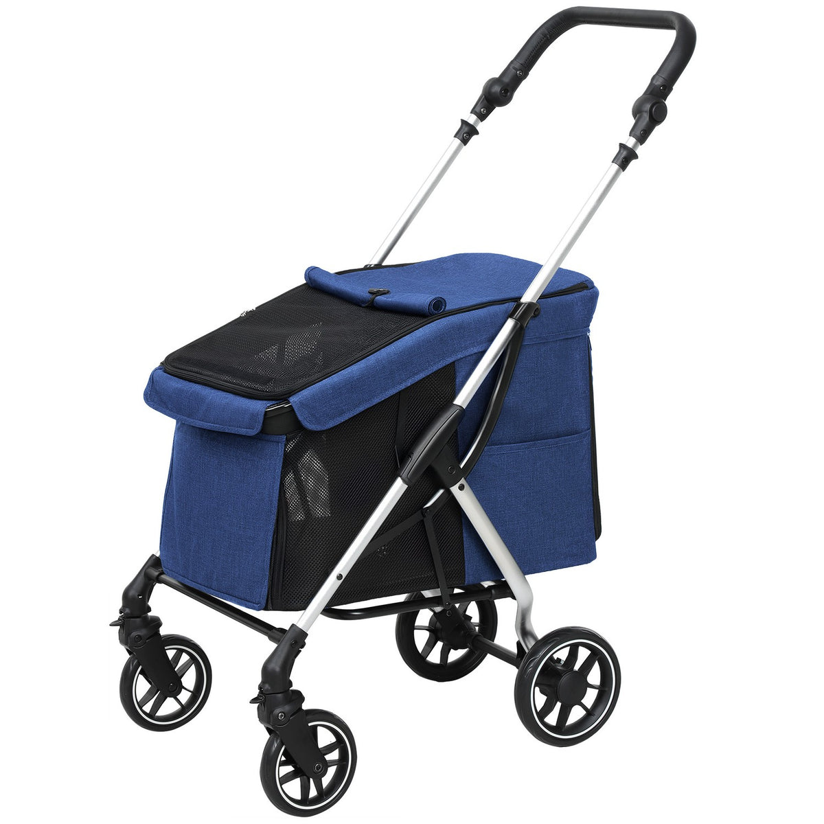 Dog stroller, light dog stroller made of aluminum, foldable for dogs and cats up to 10 kg, cat stroller with cushions, mesh windows, doors, storage basket, cat stroller, buggy, dark blue