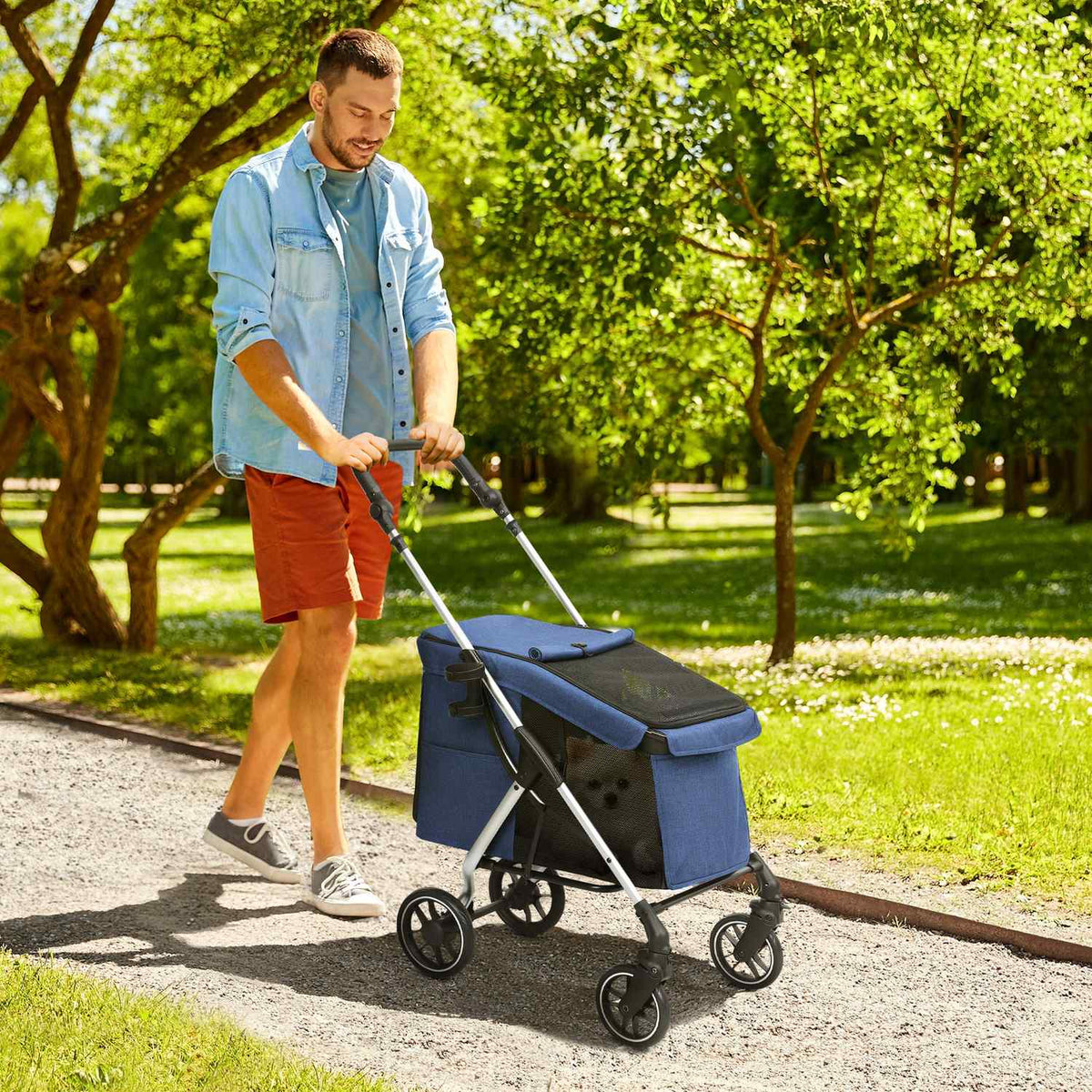 Dog stroller, light dog stroller made of aluminum, foldable for dogs and cats up to 10 kg, cat stroller with cushions, mesh windows, doors, storage basket, cat stroller, buggy, dark blue