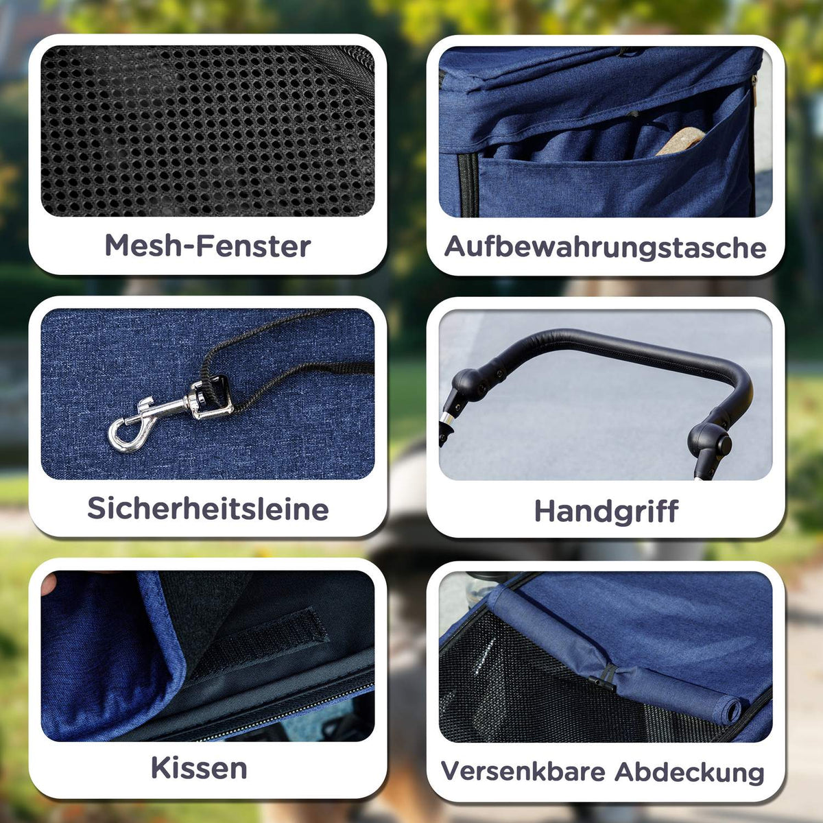 Dog stroller, light dog stroller made of aluminum, foldable for dogs and cats up to 10 kg, cat stroller with cushions, mesh windows, doors, storage basket, cat stroller, buggy, dark blue