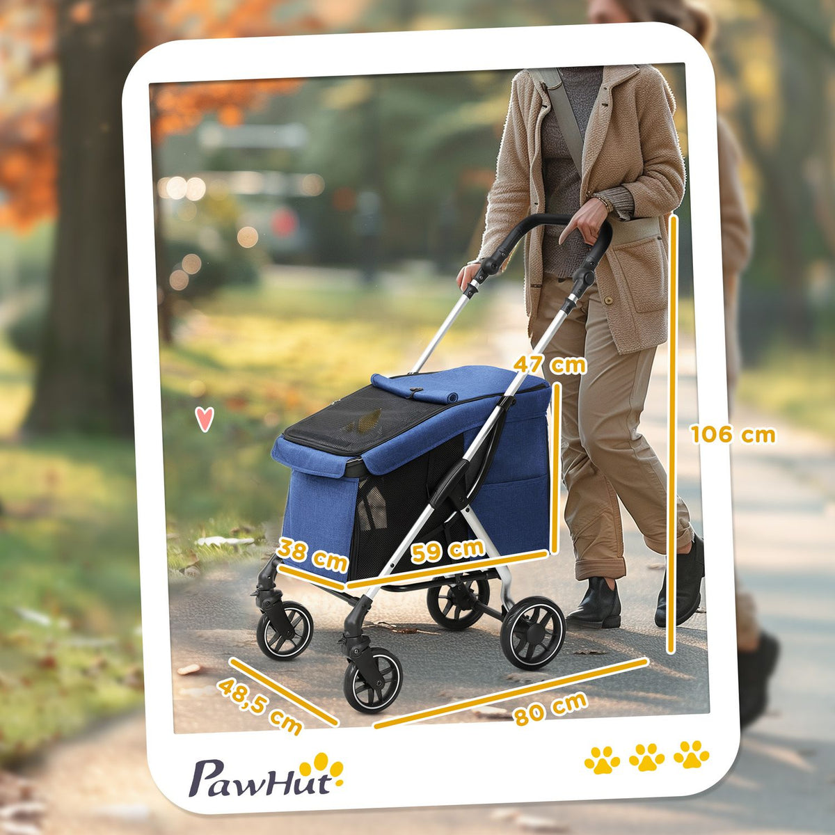 Dog stroller, light dog stroller made of aluminum, foldable for dogs and cats up to 10 kg, cat stroller with cushions, mesh windows, doors, storage basket, cat stroller, buggy, dark blue