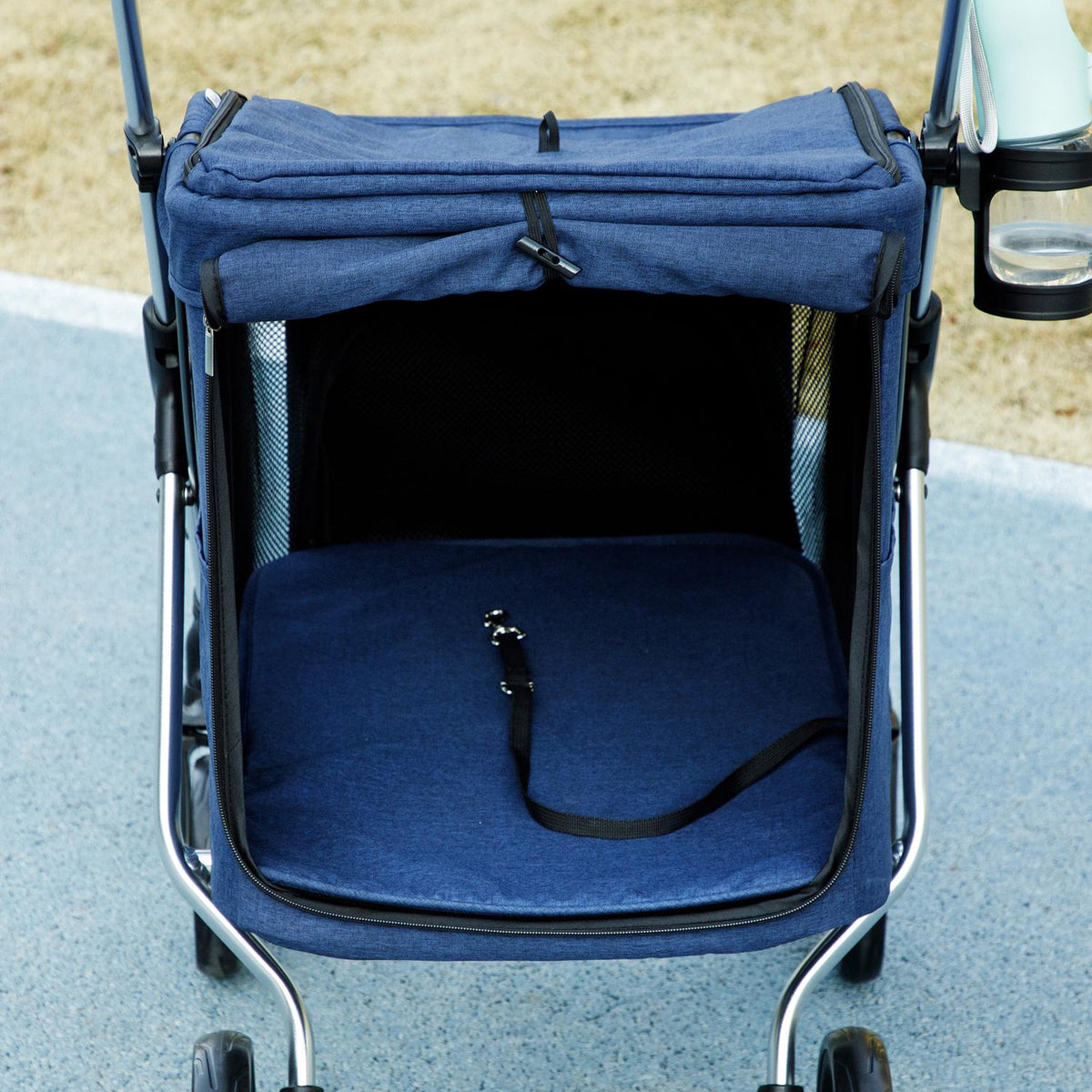 Dog stroller, light dog stroller made of aluminum, foldable for dogs and cats up to 10 kg, cat stroller with cushions, mesh windows, doors, storage basket, cat stroller, buggy, dark blue