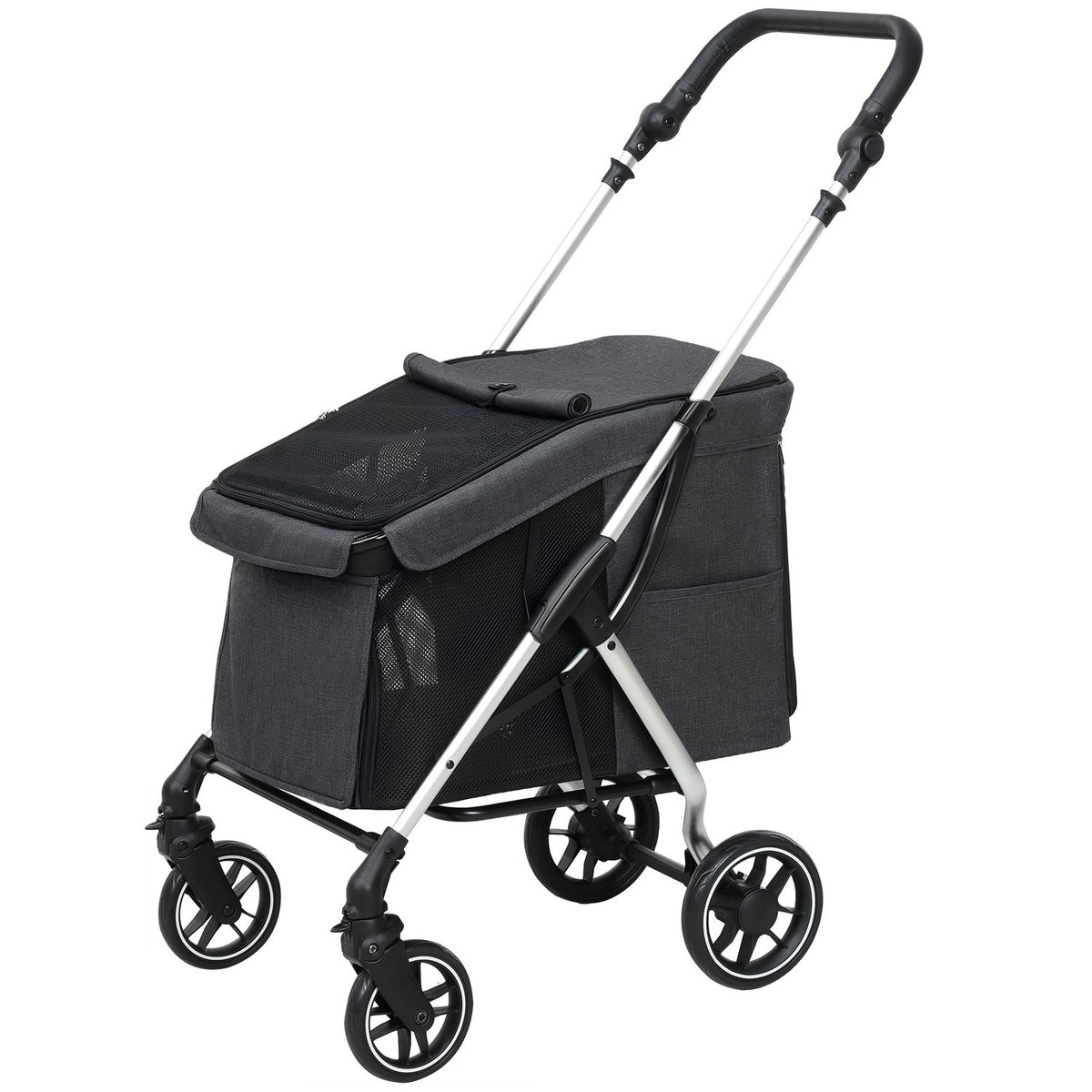 Dog stroller, light dog stroller made of aluminum, foldable for dogs and cats up to 10 kg, cat stroller with cushions, mesh windows, doors, storage basket, cat stroller, buggy, gray