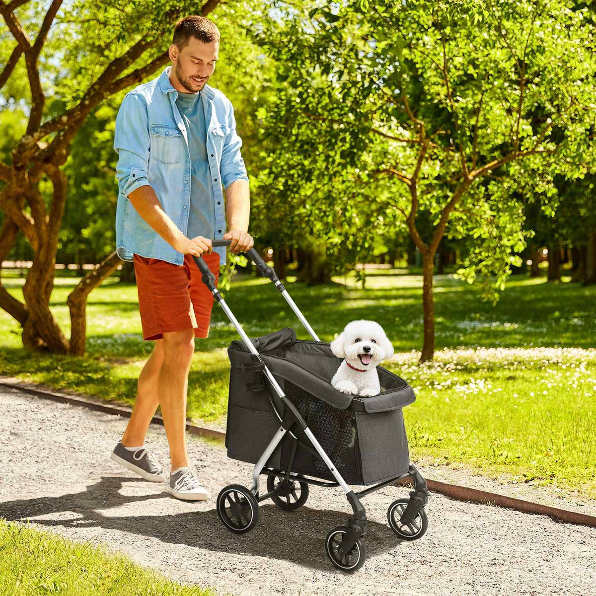 Dog stroller, light dog stroller made of aluminum, foldable for dogs and cats up to 10 kg, cat stroller with cushions, mesh windows, doors, storage basket, cat stroller, buggy, gray