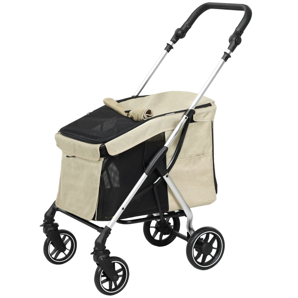 Dog stroller, light dog stroller made of aluminum, foldable for dogs and cats up to 10 kg, cat stroller with cushions, mesh windows, doors, storage basket, cat stroller, buggy, khaki
