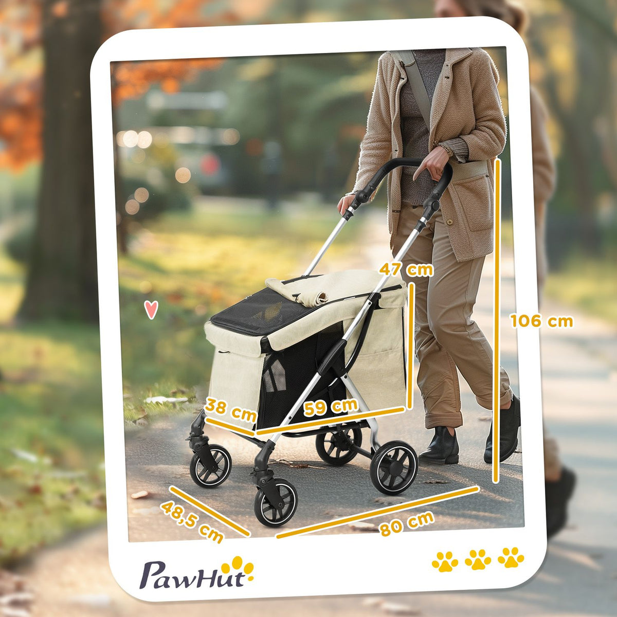 Dog stroller, light dog stroller made of aluminum, foldable for dogs and cats up to 10 kg, cat stroller with cushions, mesh windows, doors, storage basket, cat stroller, buggy, khaki