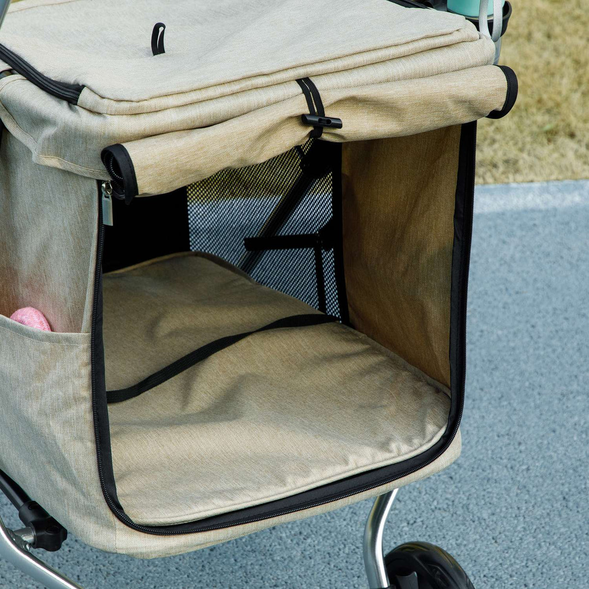 Dog stroller, light dog stroller made of aluminum, foldable for dogs and cats up to 10 kg, cat stroller with cushions, mesh windows, doors, storage basket, cat stroller, buggy, khaki