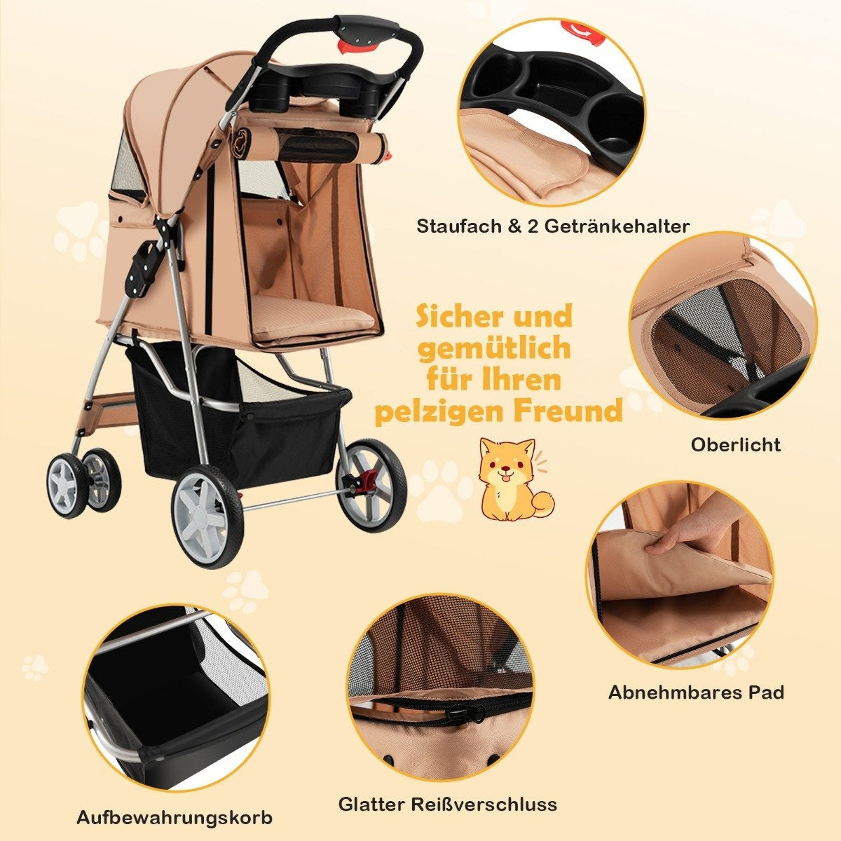 Dog stroller pets buggy up to 15 kg 81 x 45 x 101 cm beige