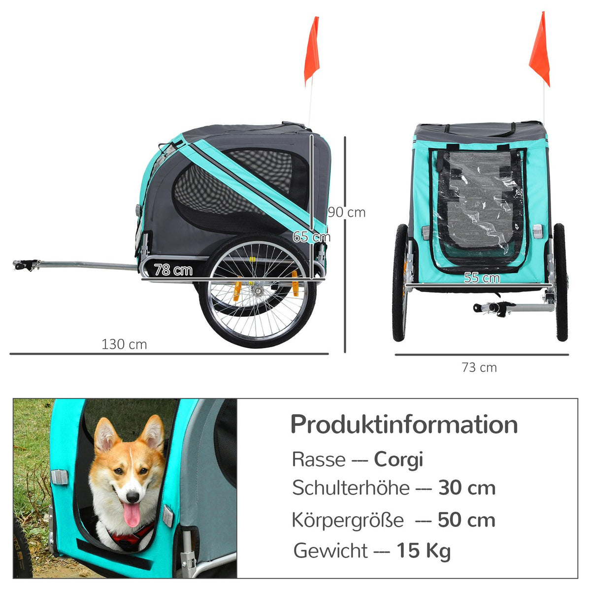 Dog trailer bicycle trailer dog transporter, Oxford fabric with rain cover, breathable, green, 130x73x90cm