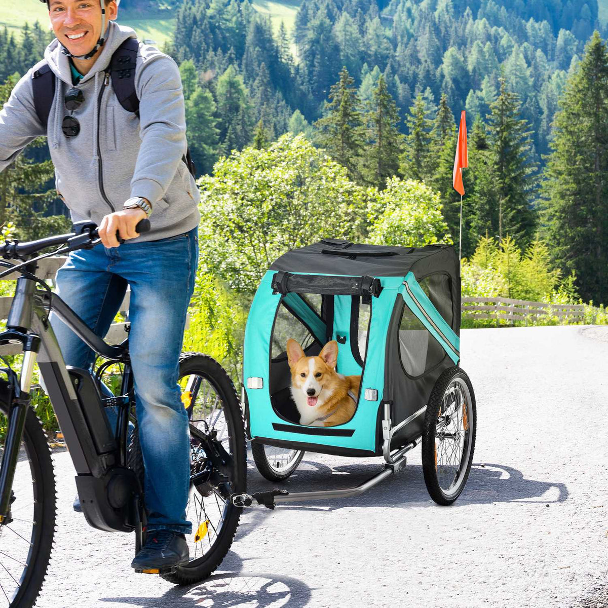 Dog trailer bicycle trailer dog transporter, Oxford fabric with rain cover, breathable, green, 130x73x90cm