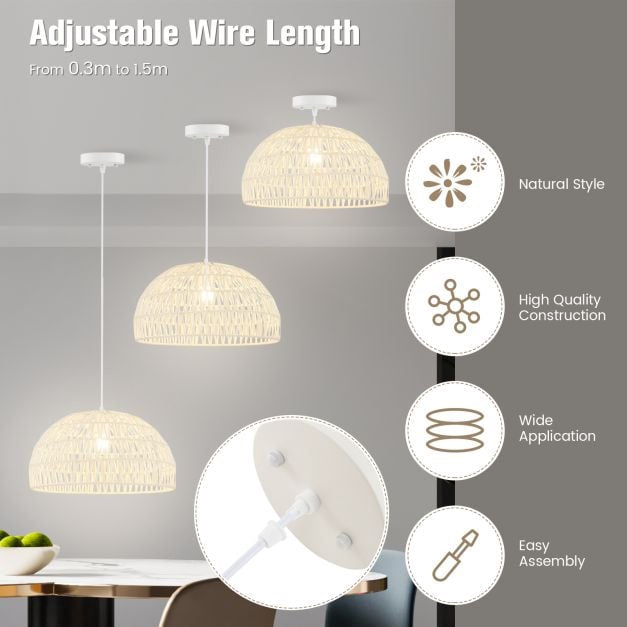Dome Paper Pendant Ceiling Light, Adjustable Rope, Beige