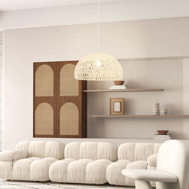 Dome Paper Pendant Ceiling Light, Adjustable Rope, Beige
