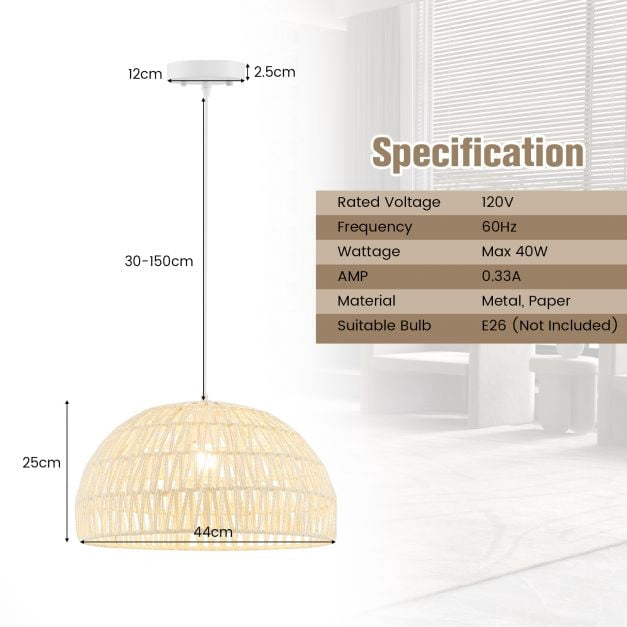 Dome Paper Pendant Ceiling Light, Adjustable Rope, Beige