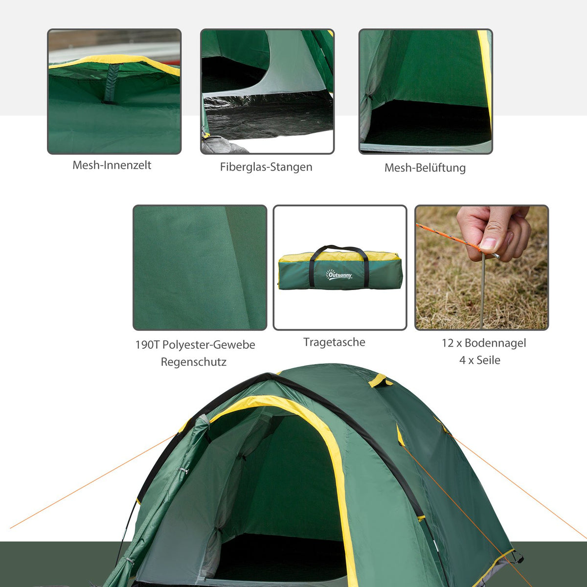 Dome Tent 2-3 Persons 190T Fiberglass Polyester Green+Yellow 325X183X130Cm Pegs