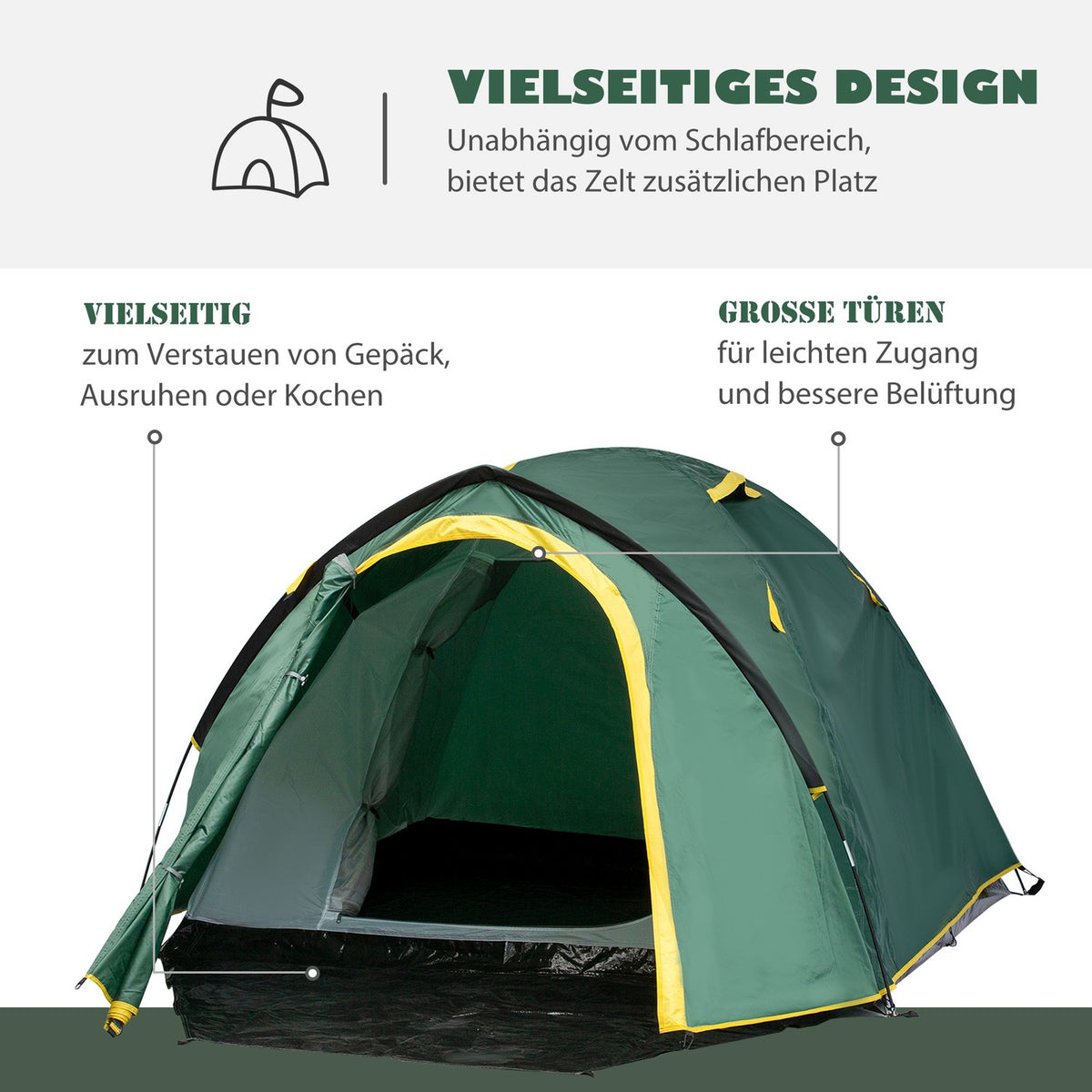 Dome Tent 2-3 Persons 190T Fiberglass Polyester Green+Yellow 325X183X130Cm Pegs