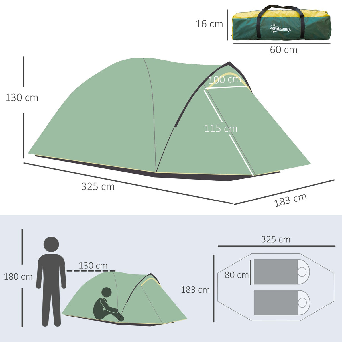 Dome Tent 2-3 Persons 190T Fiberglass Polyester Green+Yellow 325X183X130Cm Pegs