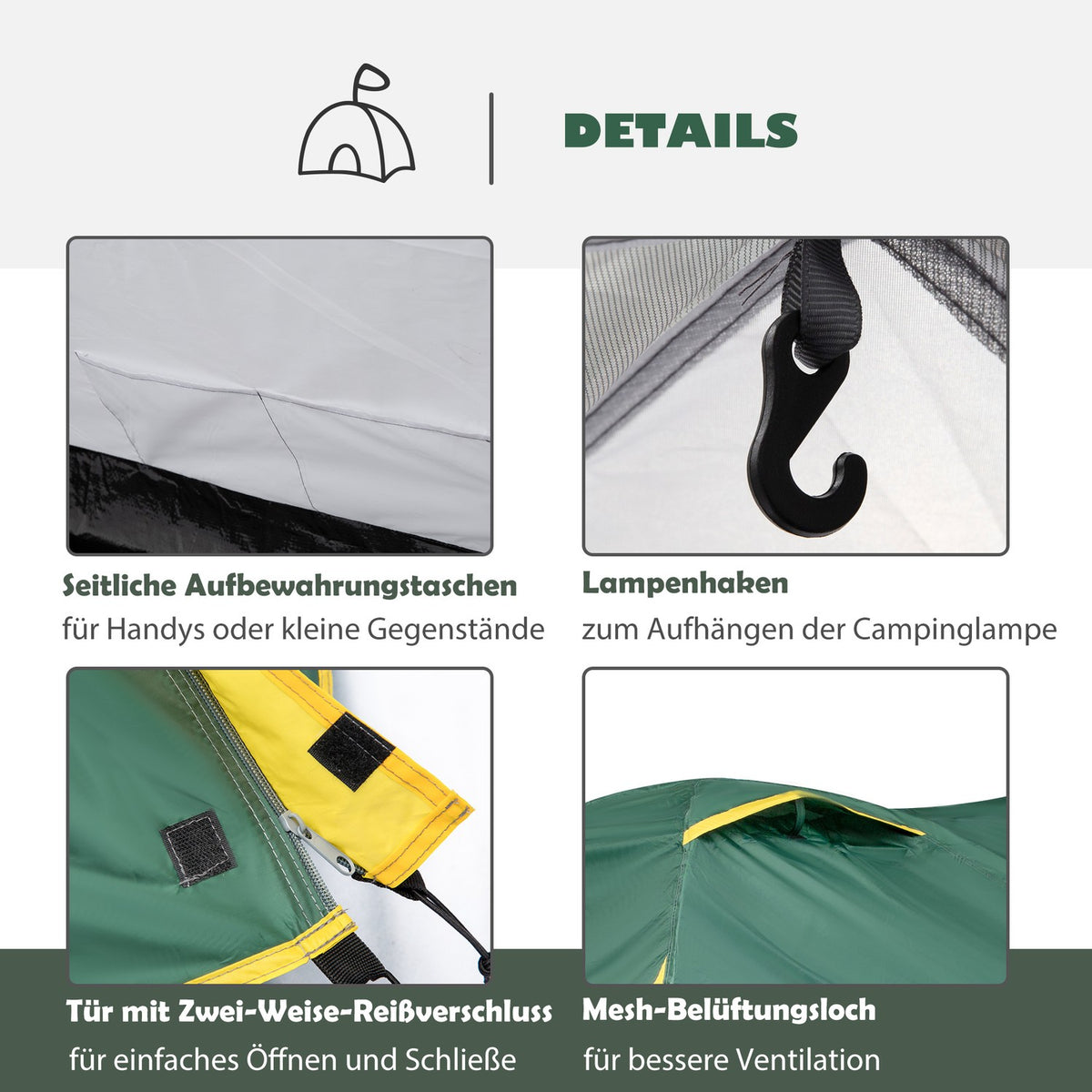 Dome Tent 2-3 Persons 190T Fiberglass Polyester Green+Yellow 325X183X130Cm Pegs