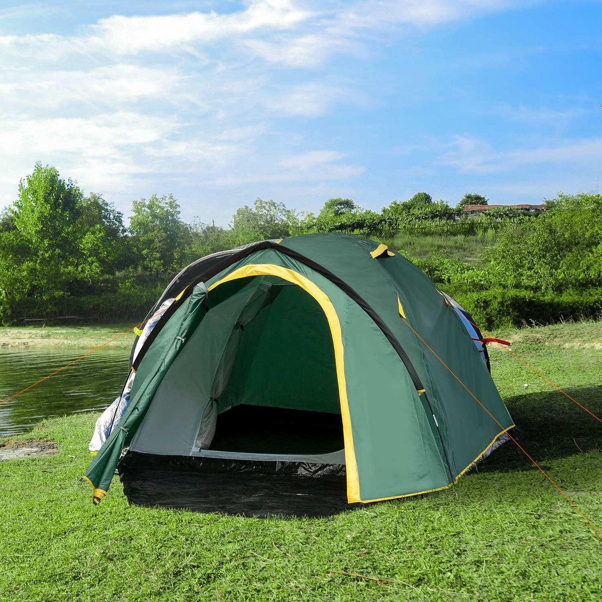 Dome Tent 2-3 Persons 190T Fiberglass Polyester Green+Yellow 325X183X130Cm Pegs