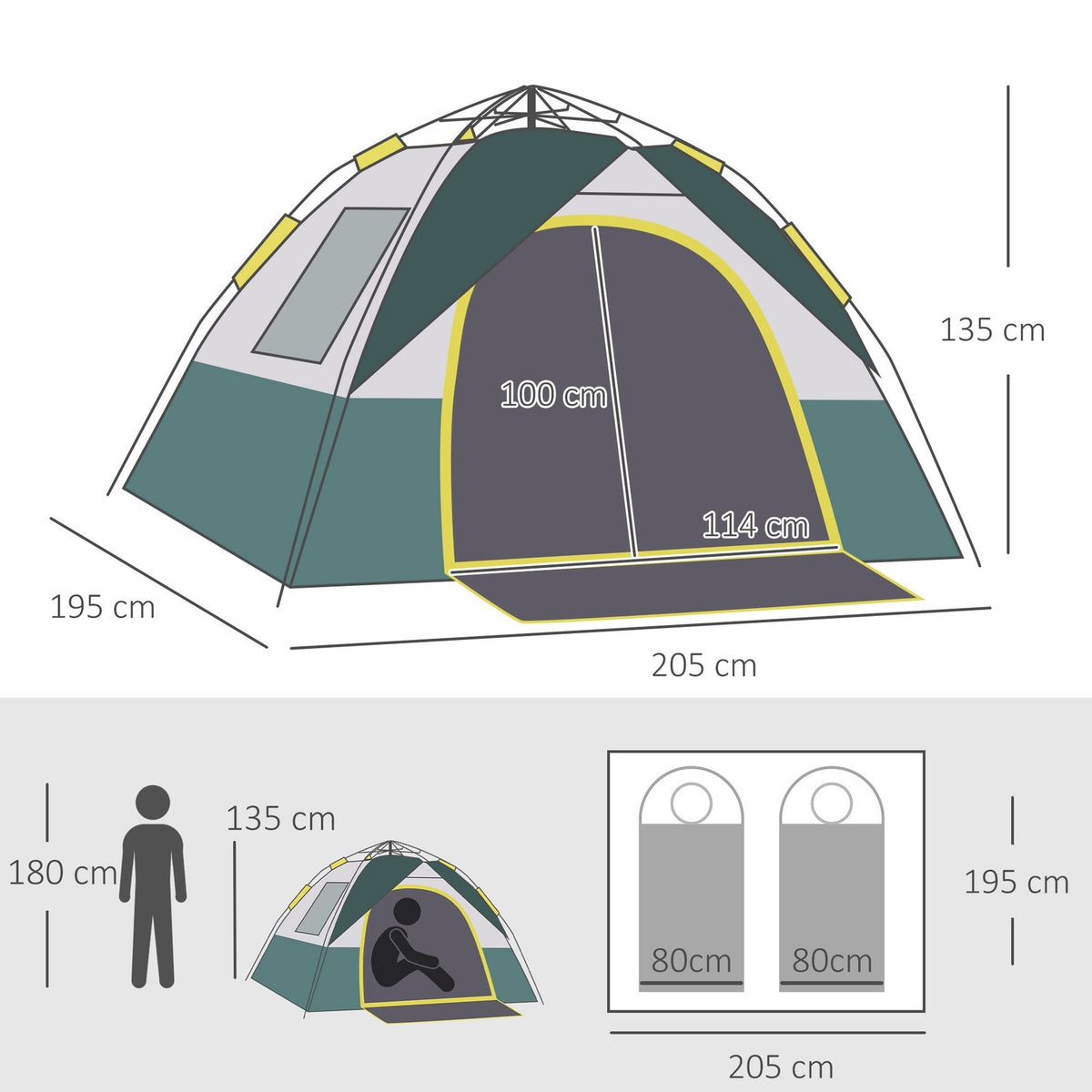 Dome Tent 3 Person Polyester Green 205X195X135Cm Pegs