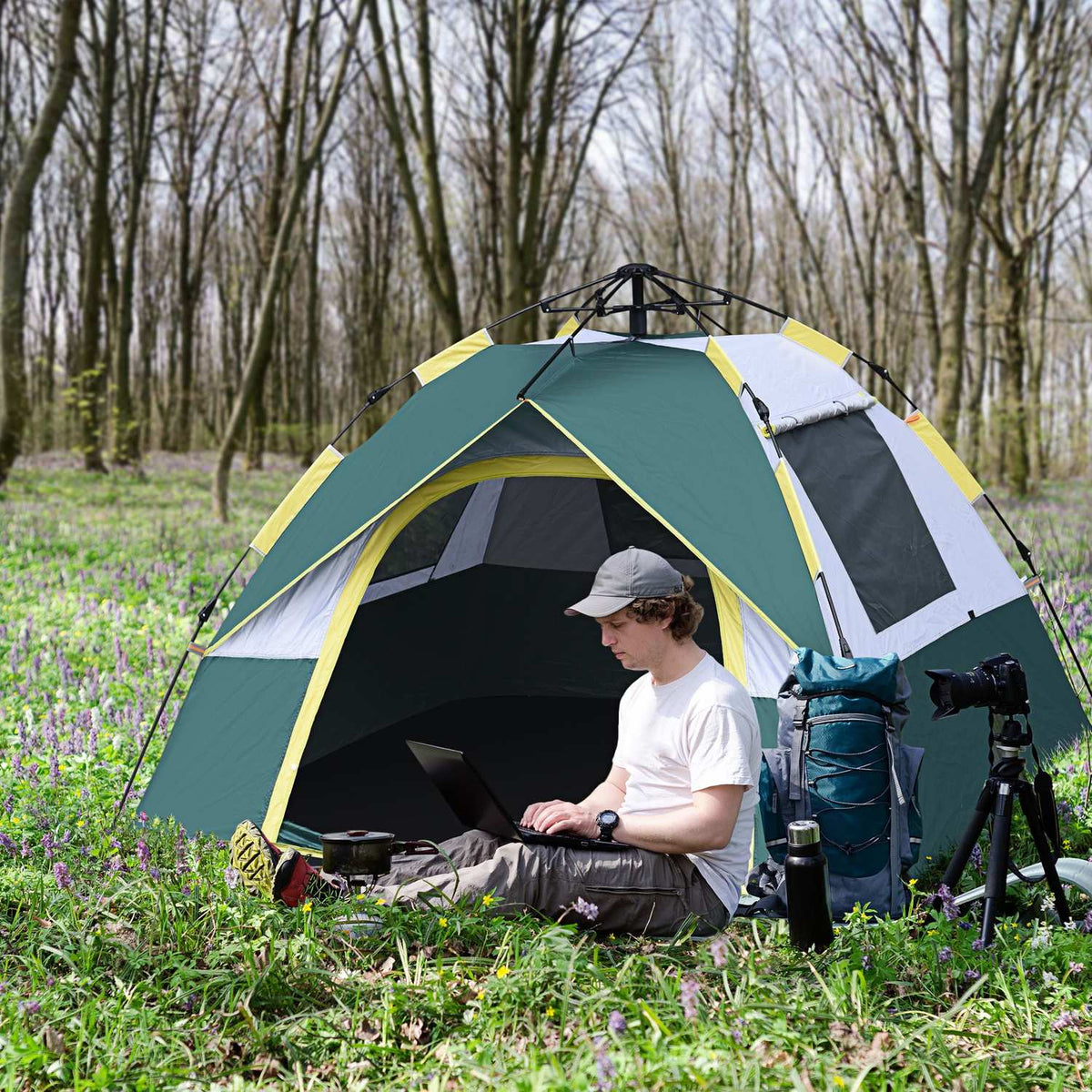 Dome Tent 3 Person Polyester Green 205X195X135Cm Pegs