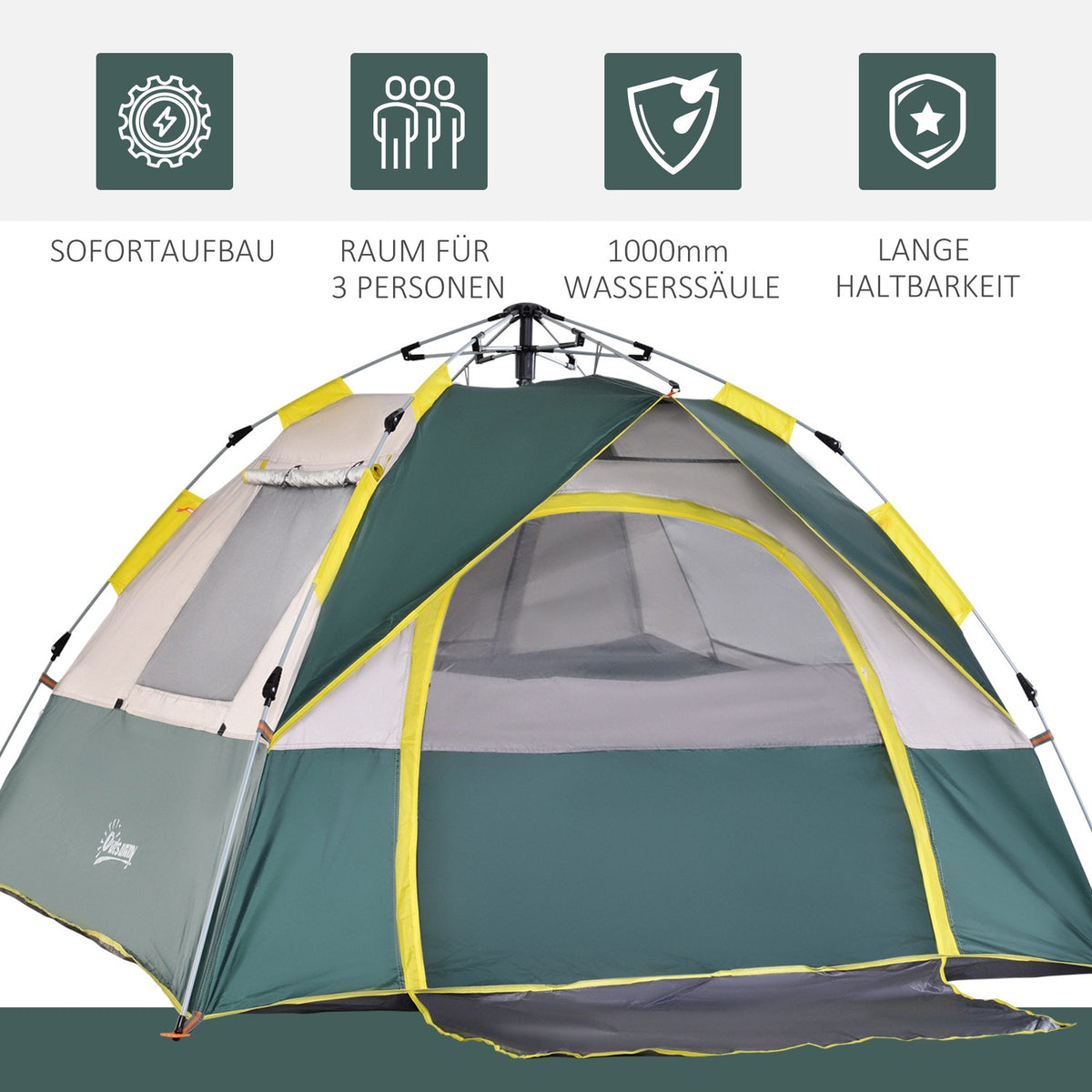 Dome Tent 3 Person Polyester Green 205X195X135Cm Pegs