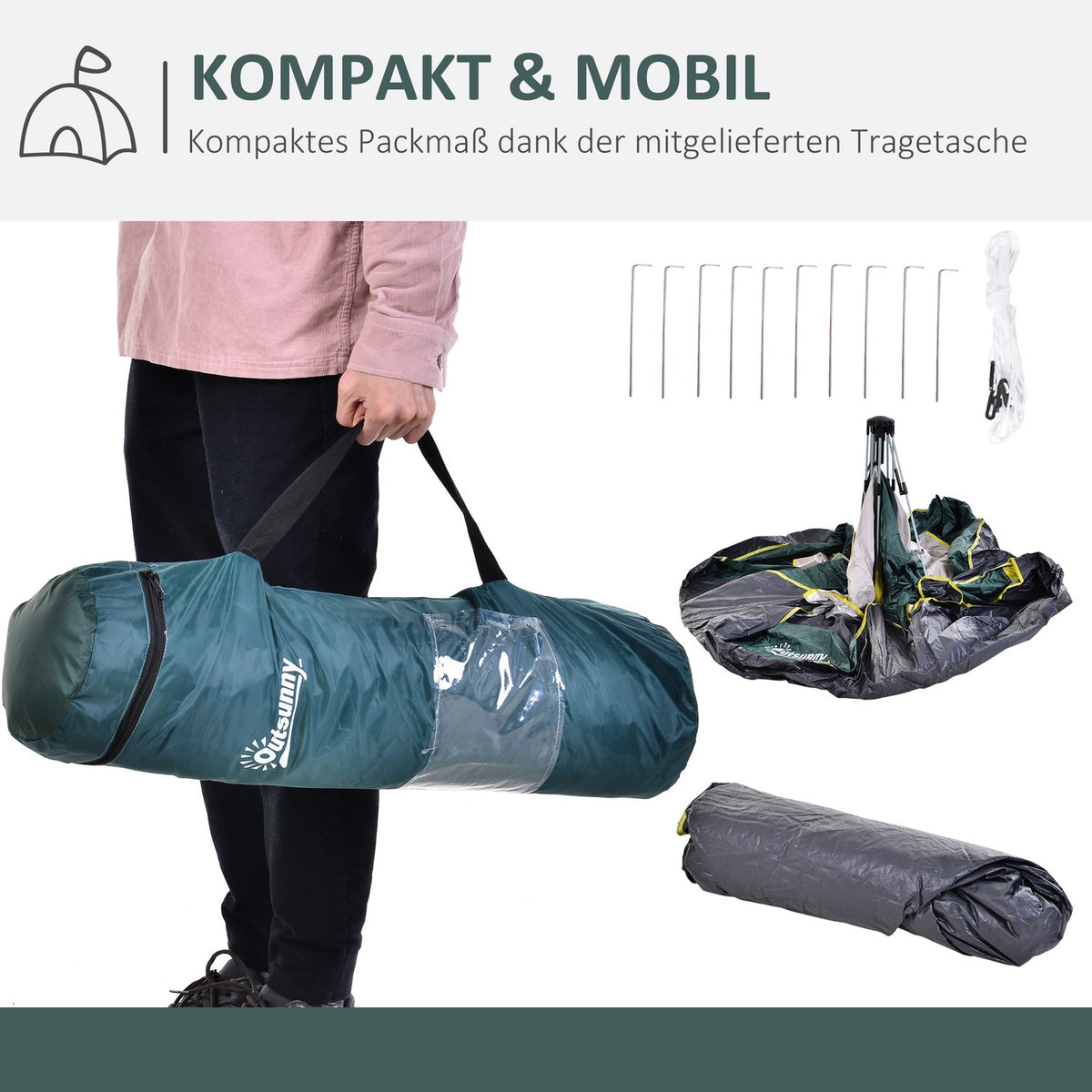 Dome Tent 3 Person Polyester Green 205X195X135Cm Pegs