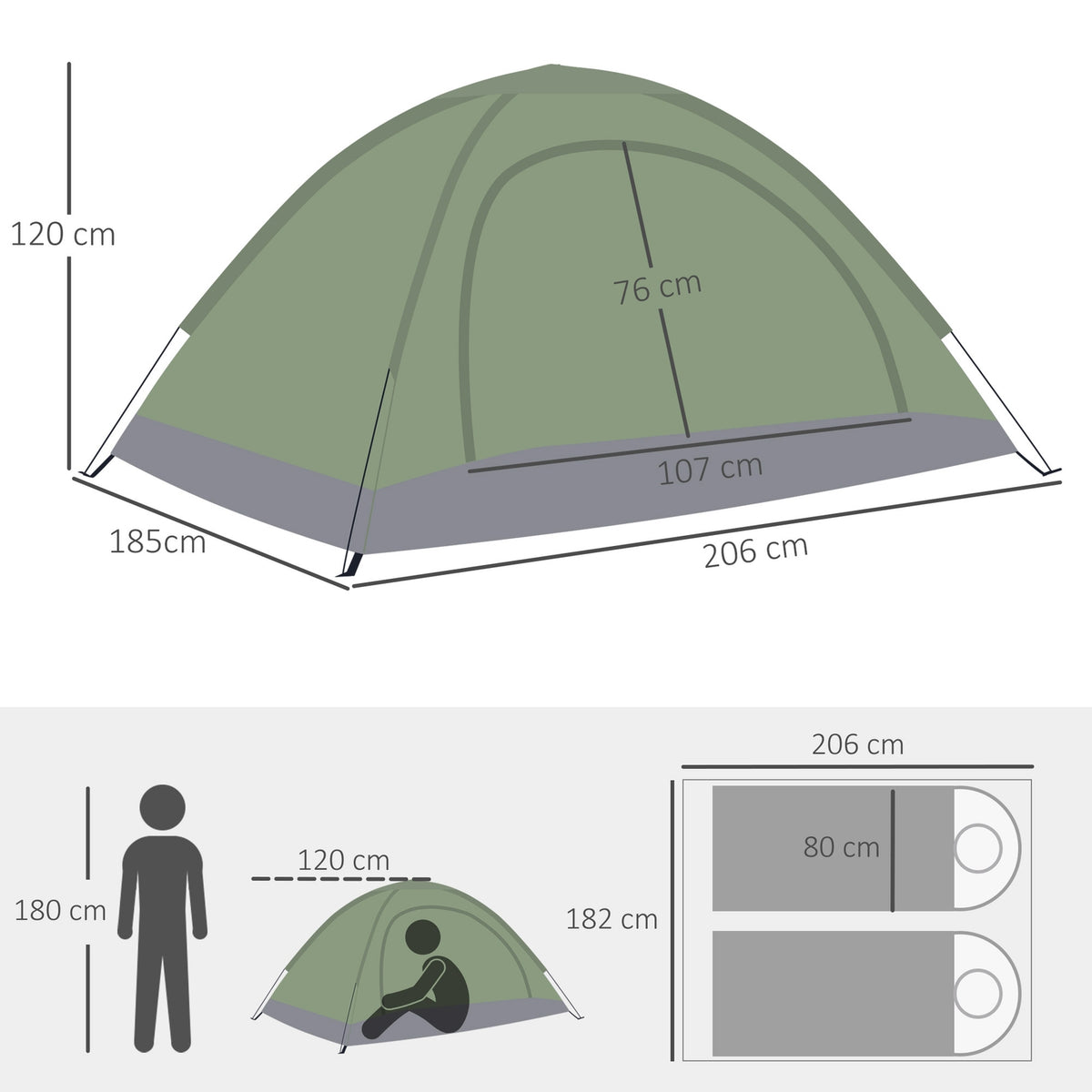Dome tent for 2 people, lightweight, stable, waterproof family tent with door and window packing bag, hooks, camping tent with 2000 mm water column tent for camping, travel, trekking, garden