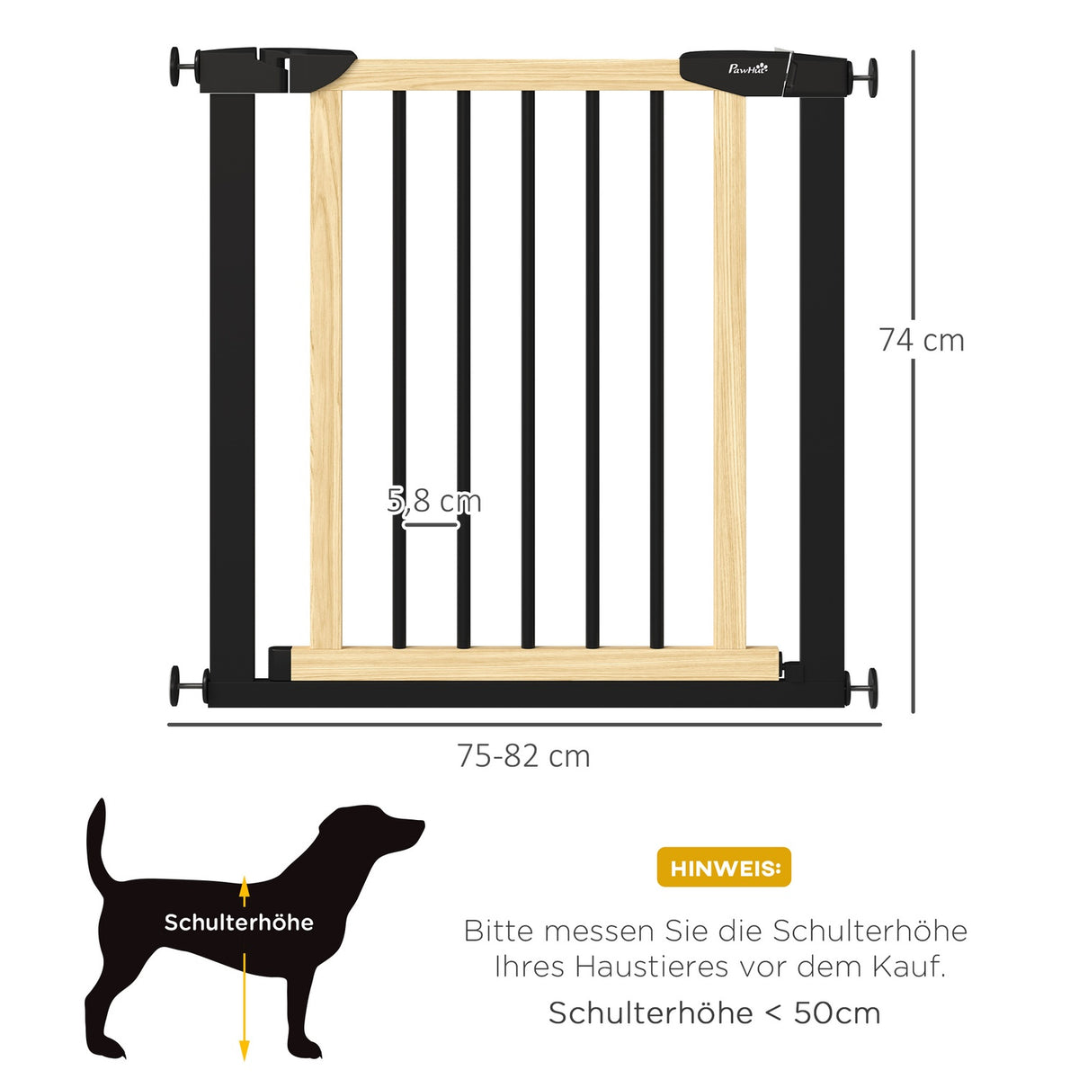 Door Protection Dog Barrier With Automatically Closing Door, 75-82 Cm, Stair Gate, No Drilling, Black + Natural Wood