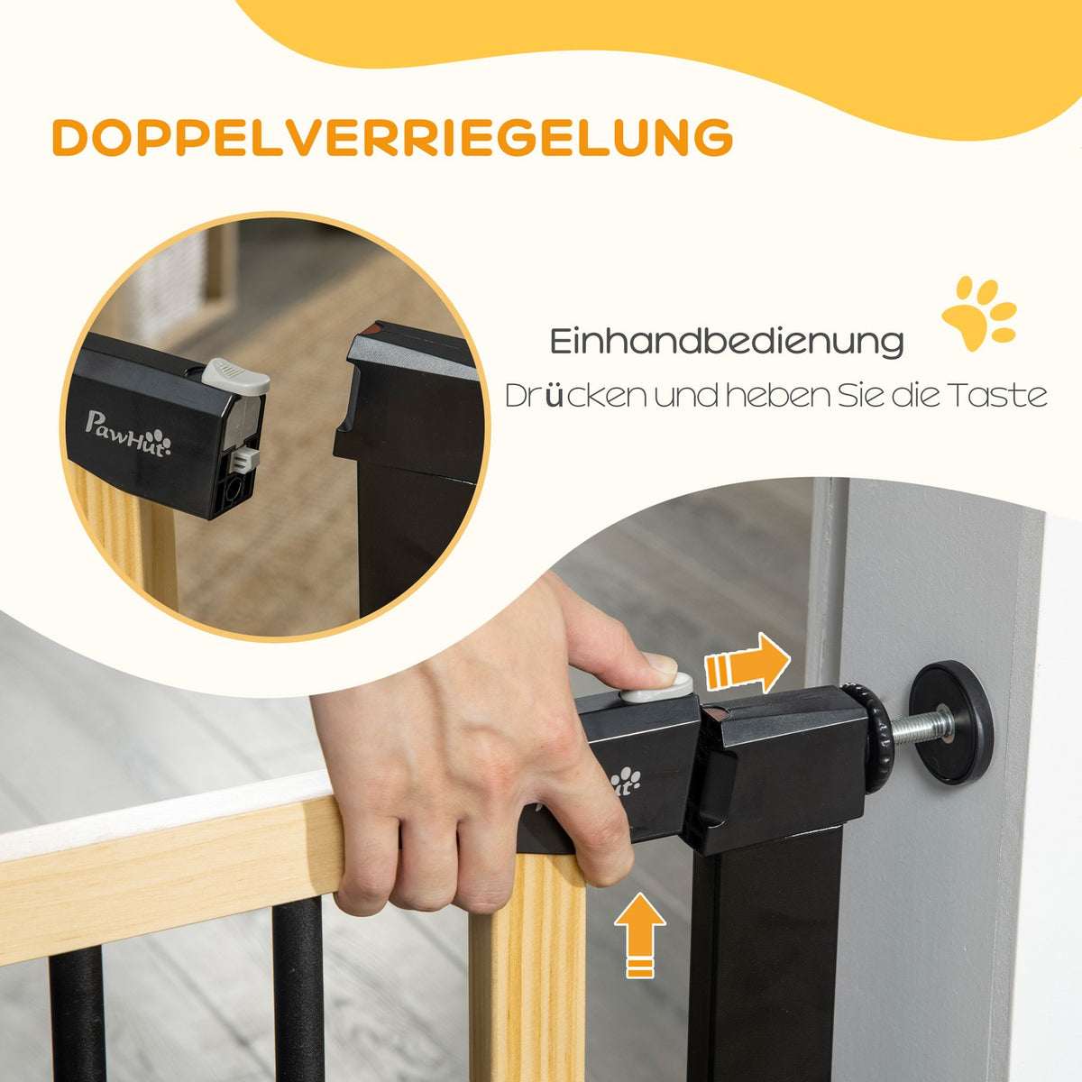 Door Protection Dog Barrier With Automatically Closing Door, 75-82 Cm, Stair Gate, No Drilling, Black + Natural Wood