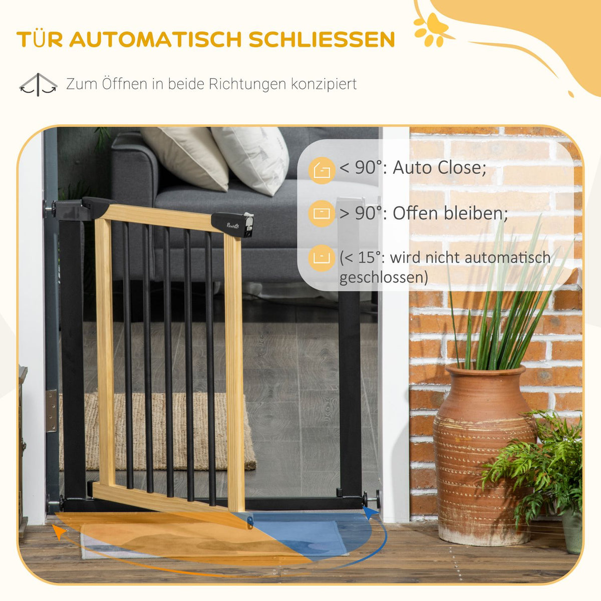 Door Protection Dog Barrier With Automatically Closing Door, 75-82 Cm, Stair Gate, No Drilling, Black + Natural Wood