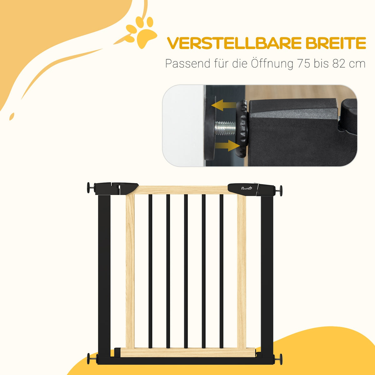 Door Protection Dog Barrier With Automatically Closing Door, 75-82 Cm, Stair Gate, No Drilling, Black + Natural Wood