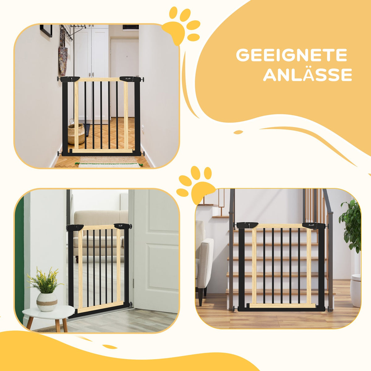 Door Protection Dog Barrier With Automatically Closing Door, 75-82 Cm, Stair Gate, No Drilling, Black + Natural Wood