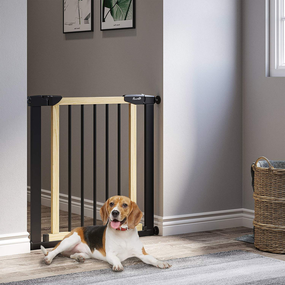 Door Protection Dog Barrier With Automatically Closing Door, 75-82 Cm, Stair Gate, No Drilling, Black + Natural Wood