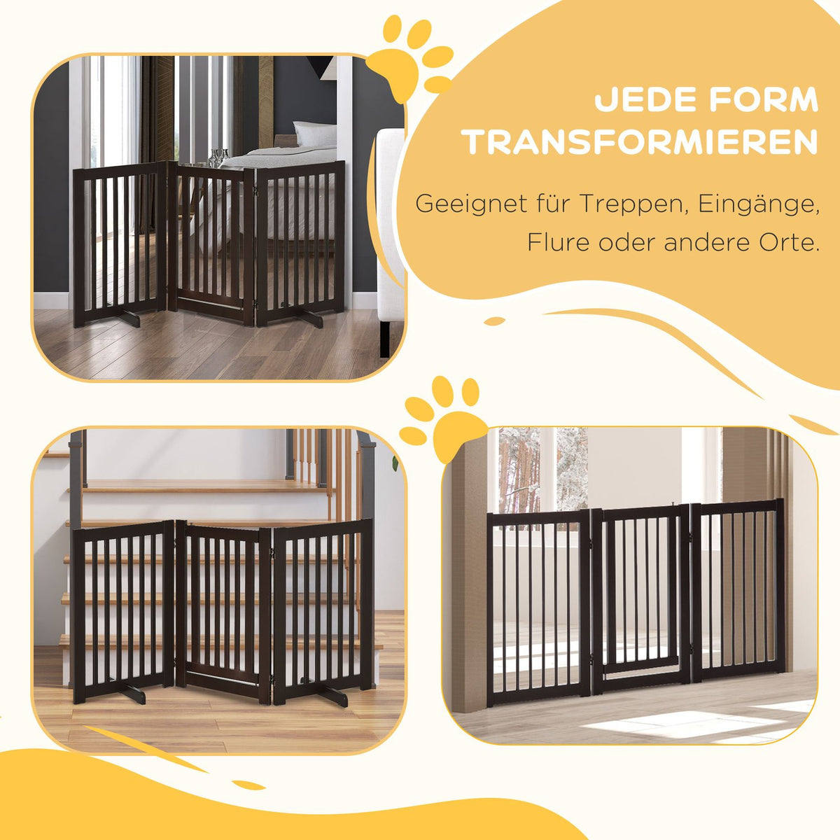 Door Safety Gate Barrier Dog Gate Wooden Freestanding For Dogs Adjustable With Feet Foldable Dark Brown