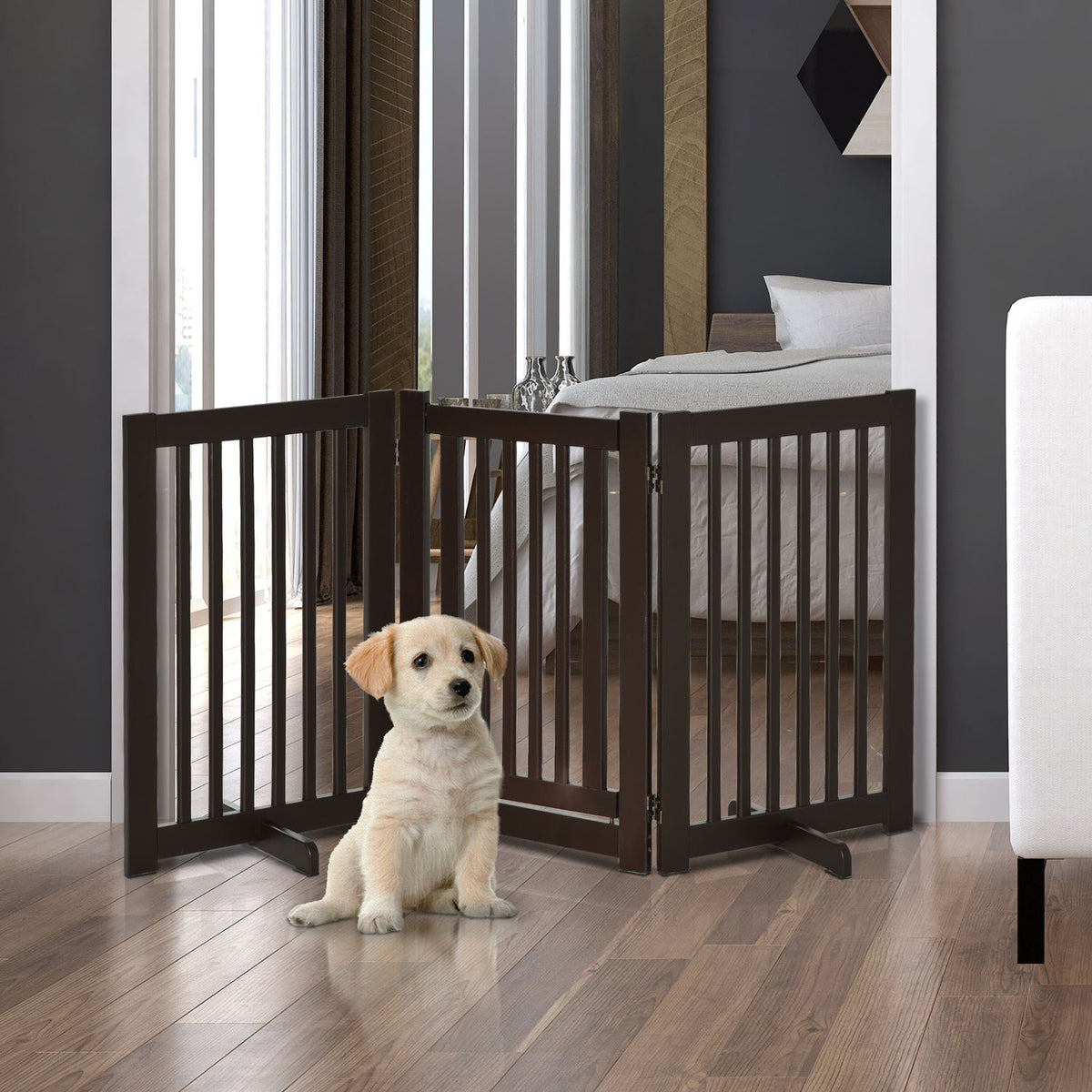 Door Safety Gate Barrier Dog Gate Wooden Freestanding For Dogs Adjustable With Feet Foldable Dark Brown