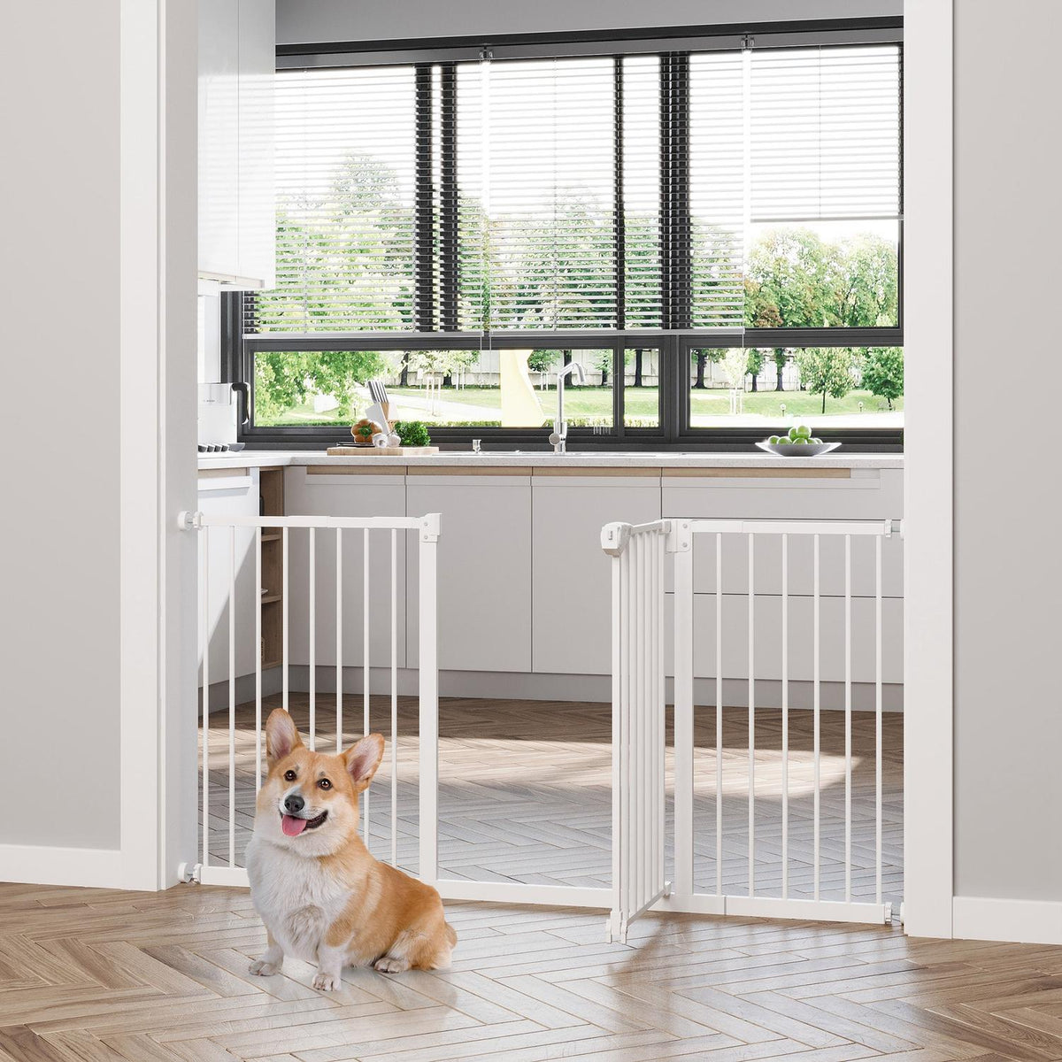 Door Safety Gate Dog Barrier Pet 74-147.5Cm Dog Gate 3 Extensions Stair Gate No Drilling Metal White