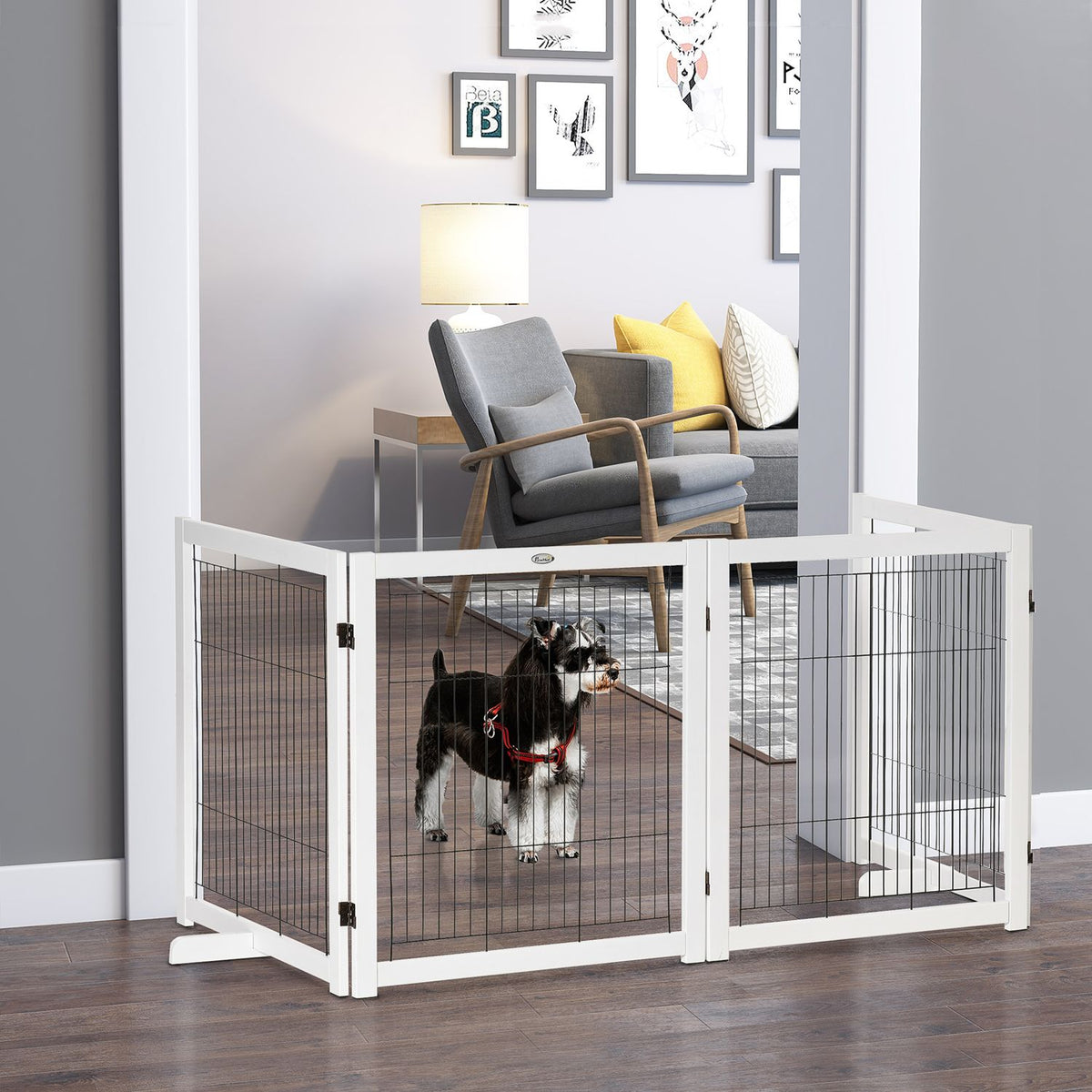 Door Safety Gate Wooden Barrier For Dogs Protective Gate Dog Gate Safety Door Bidirectional Folding Steel White 305 X 35.5 X 82 Cm