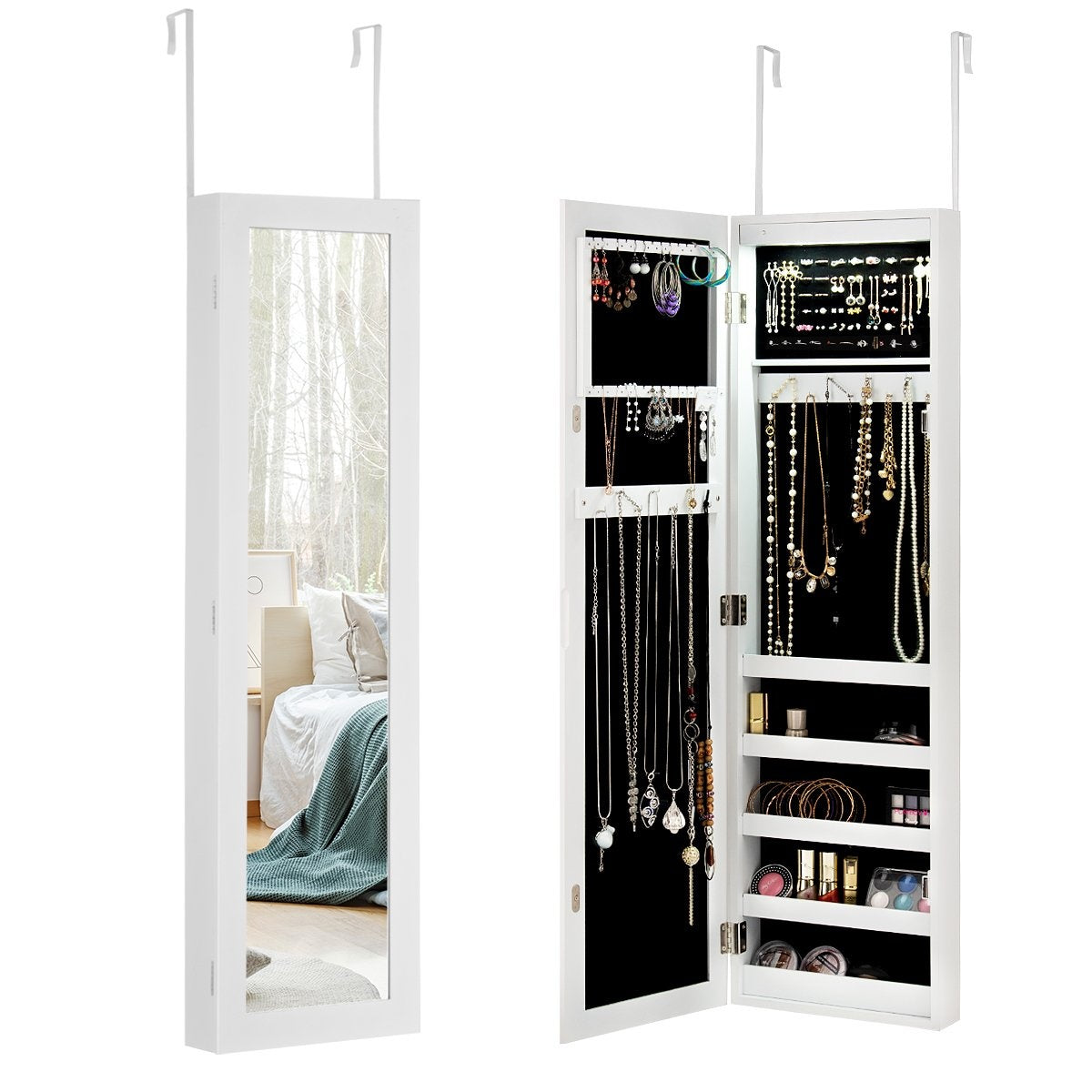 Door and Wall Mounted Jewelry Cabinet Full Length Mirror with Storage Shelves 30 x 8.5 x 129.5 cm White
