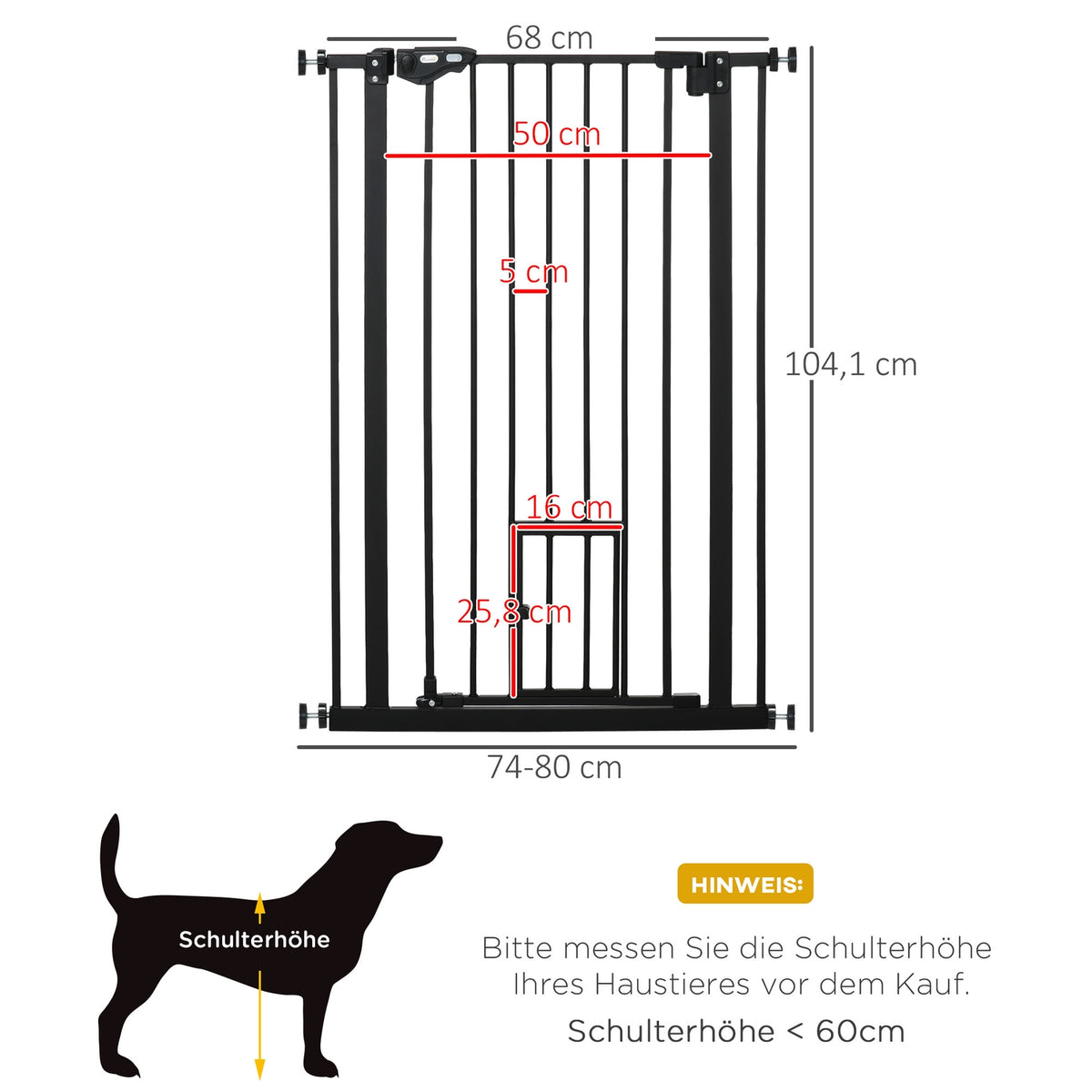 Door gate dog double locking, adjustable length 74-80x104cm cm with automatic door lock, installation without drilling, black