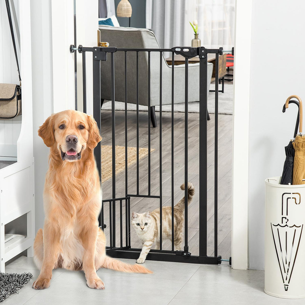 Door gate dog double locking, adjustable length 74-80x104cm cm with automatic door lock, installation without drilling, black