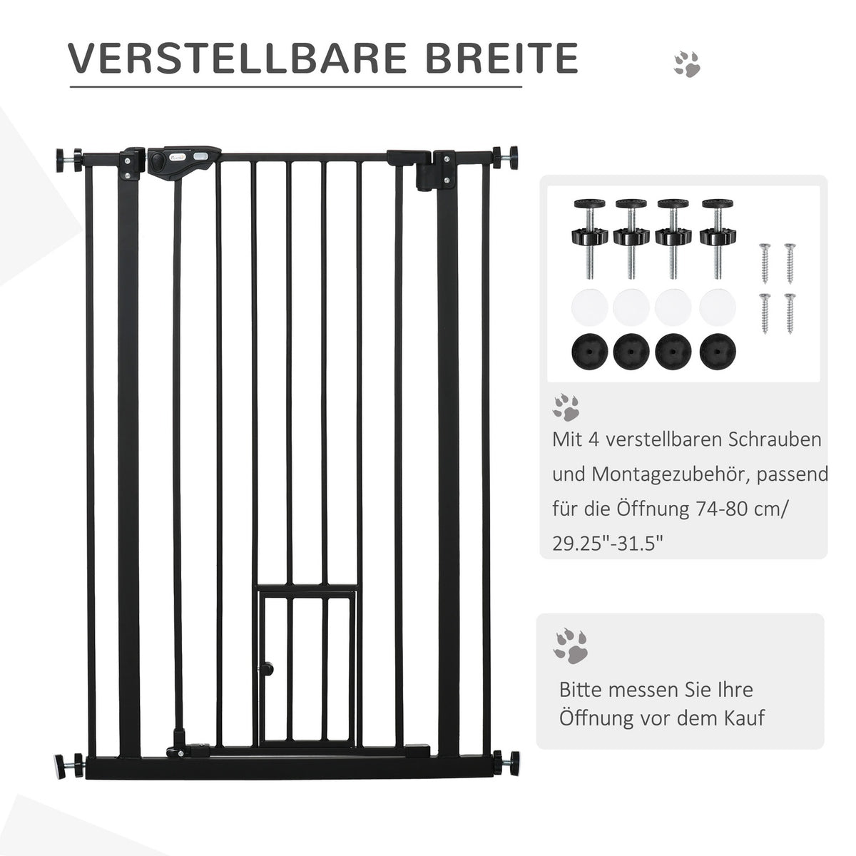 Door gate dog double locking, adjustable length 74-80x104cm cm with automatic door lock, installation without drilling, black