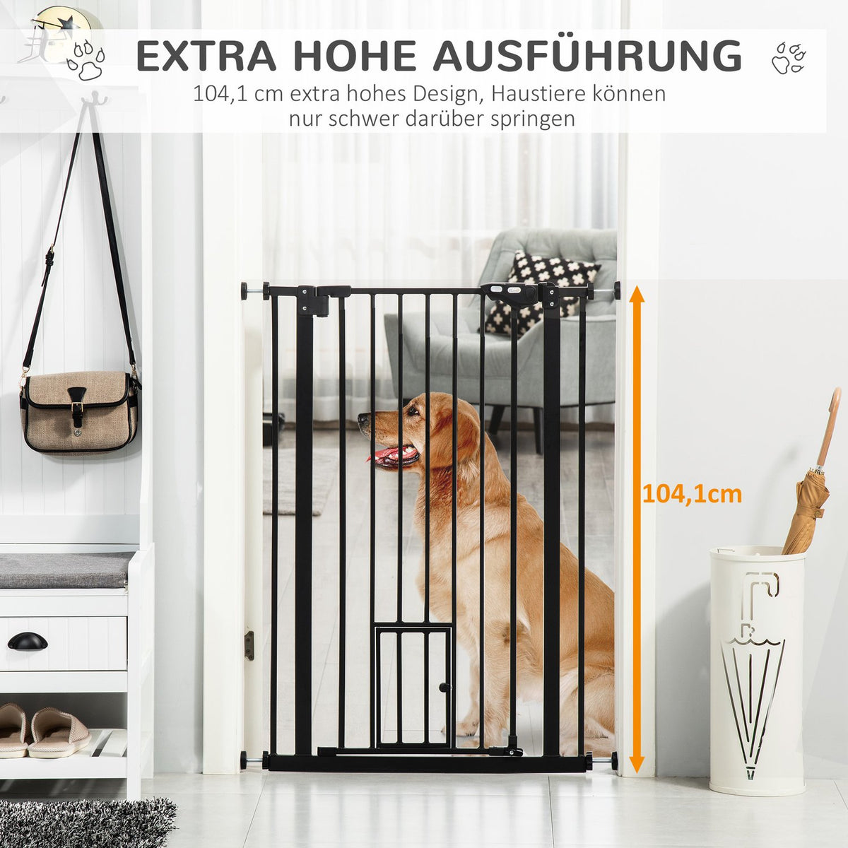 Door gate dog double locking, adjustable length 74-80x104cm cm with automatic door lock, installation without drilling, black