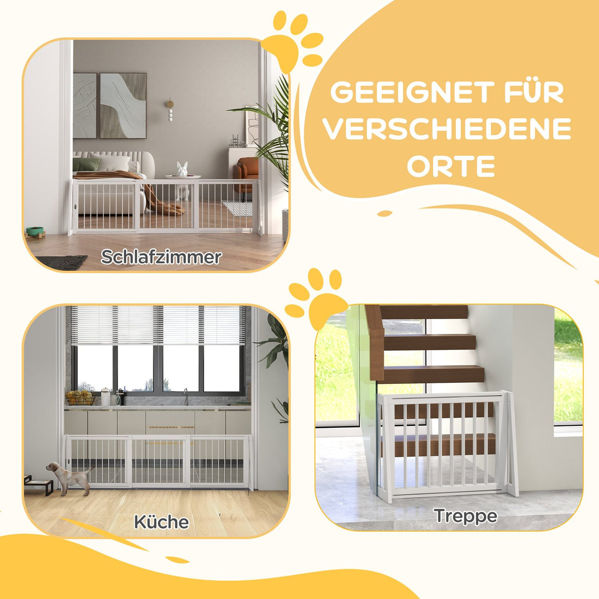 Door gate dog extendable wooden frame 71-190 x 38.5 x 56 cm with 3 panels, stair gate for kitchen, hallway, stairs, white